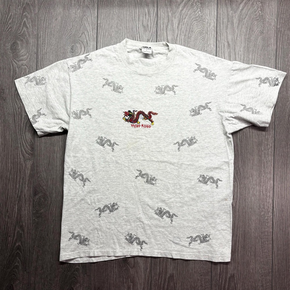 Vintage Hong Kong Dragon 1990s T Shirt Grey Medium Animal Print All Over Print